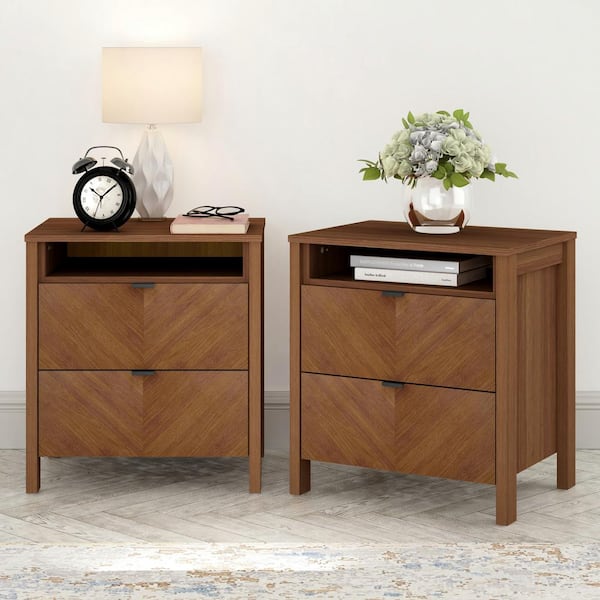 GALANO Weiss 2-Drawer Amber Walnut Nightstand Sidetable (22.7 in. H x 20.9 in. W x 15.7 in. D) (Set of 2)