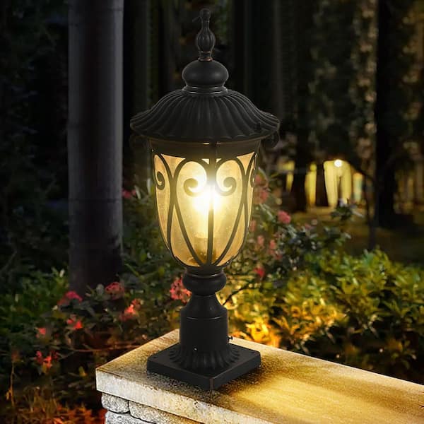 1 Light Black Metal Hardwired Outdoor Waterproof Post Light with Bubble Glass for Yard, Patio, E26, No Bulbs Included