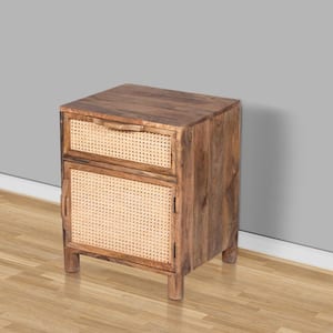 Mia 18 in. Natural Brown 1-Drawer Mango Wood Handcrafted Nightstand with Woven Rattan Cabinet Door
