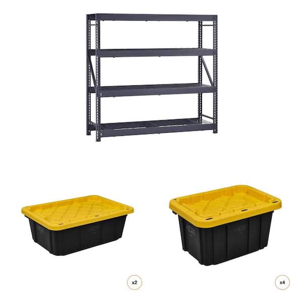 77 in. W 4-Shelf Metal Shelving Unit, One 14 Gal. and Two 7 Gal. Black/Yellow Storage Totes