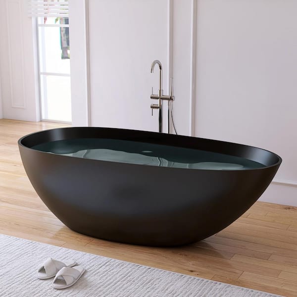 Luna 67 in. x 33.5 in. Stone Resin Solid Surface Matte Flatbottom Freestanding Soaking Bathtub in Black