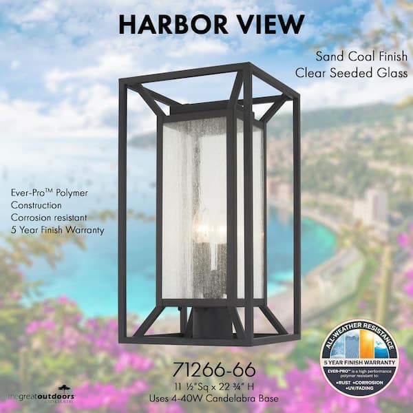 Harbor View 4-Light Black Outdoor Lamp Post with Clear Seeded Glass
