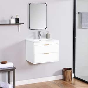 24 in. W Floating Wall Mounted Bath Vanity in White with White Ceramic Top and Drawer Storage