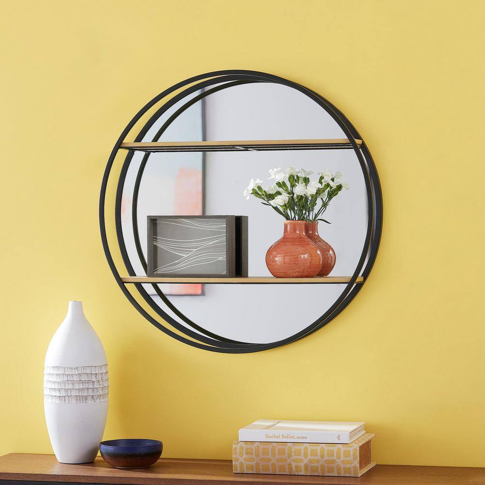 StyleWell Round Wood Black Metal WallMount Bookshelf with Mirror