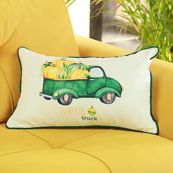 Fall Season Decorative Throw Pillow Set of 2 Pumpkin Truck 12 in. x 20 in. White & Green Lumbar Thanksgiving for Couch, Bedding, Size: 12 x 20