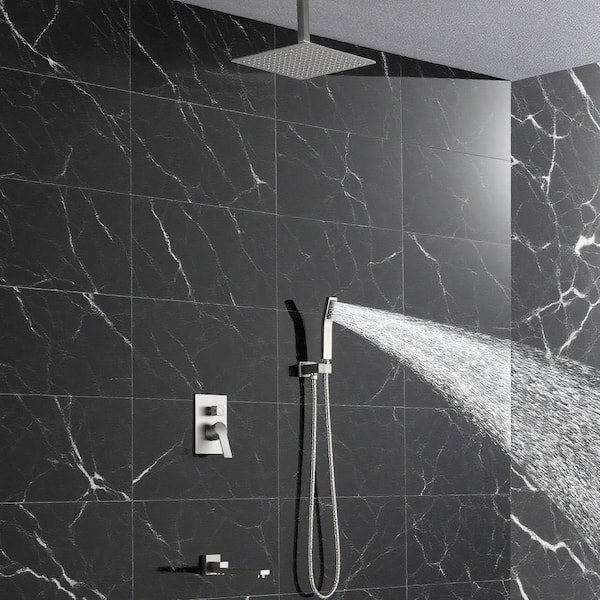 Single Handle 1-Spray 3-Way Tub and Shower Faucet 2.5 GPM Ceiling Mount Shower Head in Brushed Nickel Valve Included