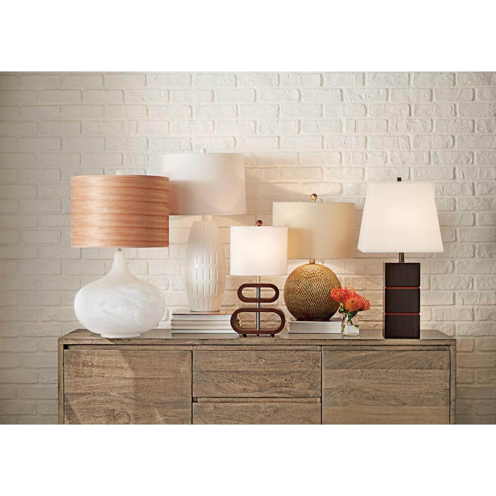 Walnut and Natural Fabric Oval Table Lamp with 3-Way Switch