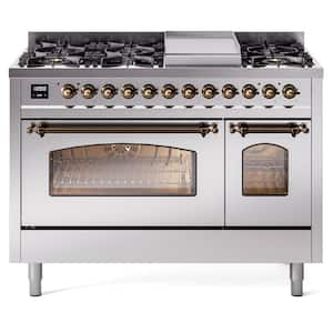 Nostalgie II 48 in. 8-Burner Plus Griddle Double Oven Liquid Propane Dual Fuel Range in Stainless Steel with Bronze Trim