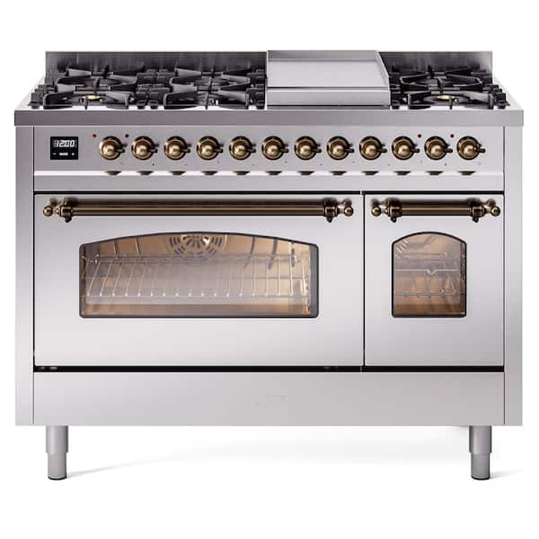 ILVE Nostalgie II 48 in. 8-Burner Plus Griddle Double Oven Liquid Propane Dual Fuel Range in Stainless Steel with Bronze Trim