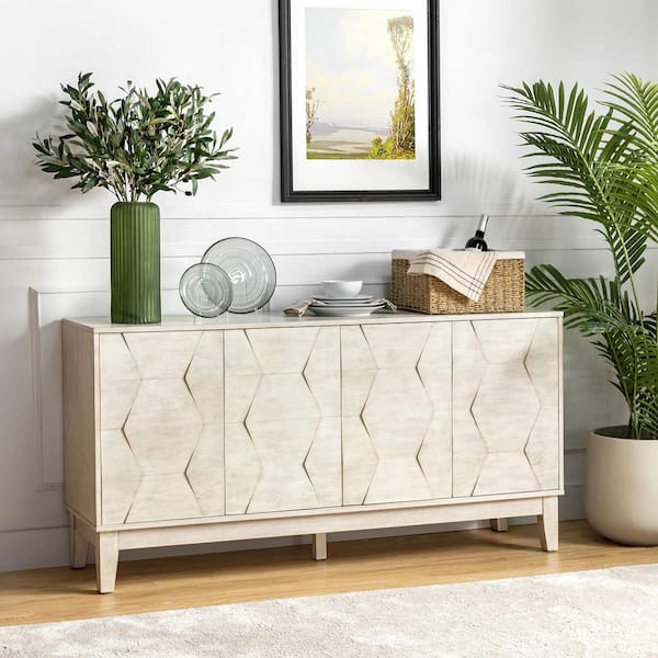 JAYDEN CREATION Kamis Modern White 60 in. Hexagonal Embellishments Sideboard with Solid Wood Legs