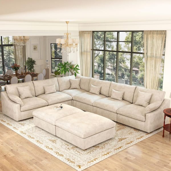 156 in. Oversized Square Arm 8-Piece Linen Down Deep Seat U Shape Free Combination Sectional Sofa with Ottoman in Brown