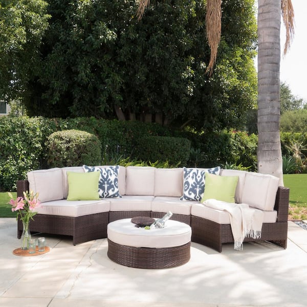 Noble House 5-Piece Faux Rattan Outdoor Patio Sectional Seating Set with Textured Beige Cushions