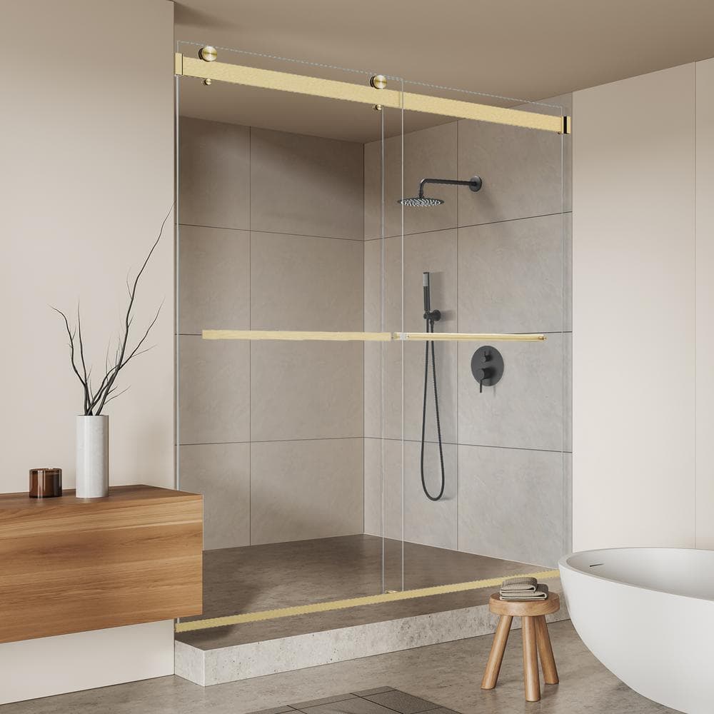64" Gold Frameless Bypass Shower Door with Clear Glass