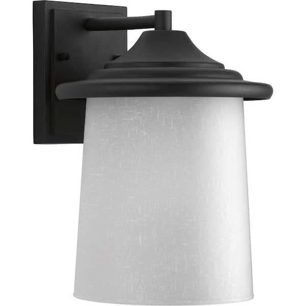 Progress Lighting Essential Collection 1-Light Textured Black White Linen Glass Craftsman Outdoor Medium Wall Lantern Light