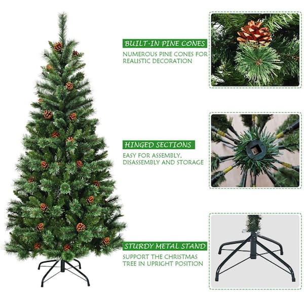 Gymax 6 ft. Artificial Christmas Tree Hinged Tree with Pine Cones