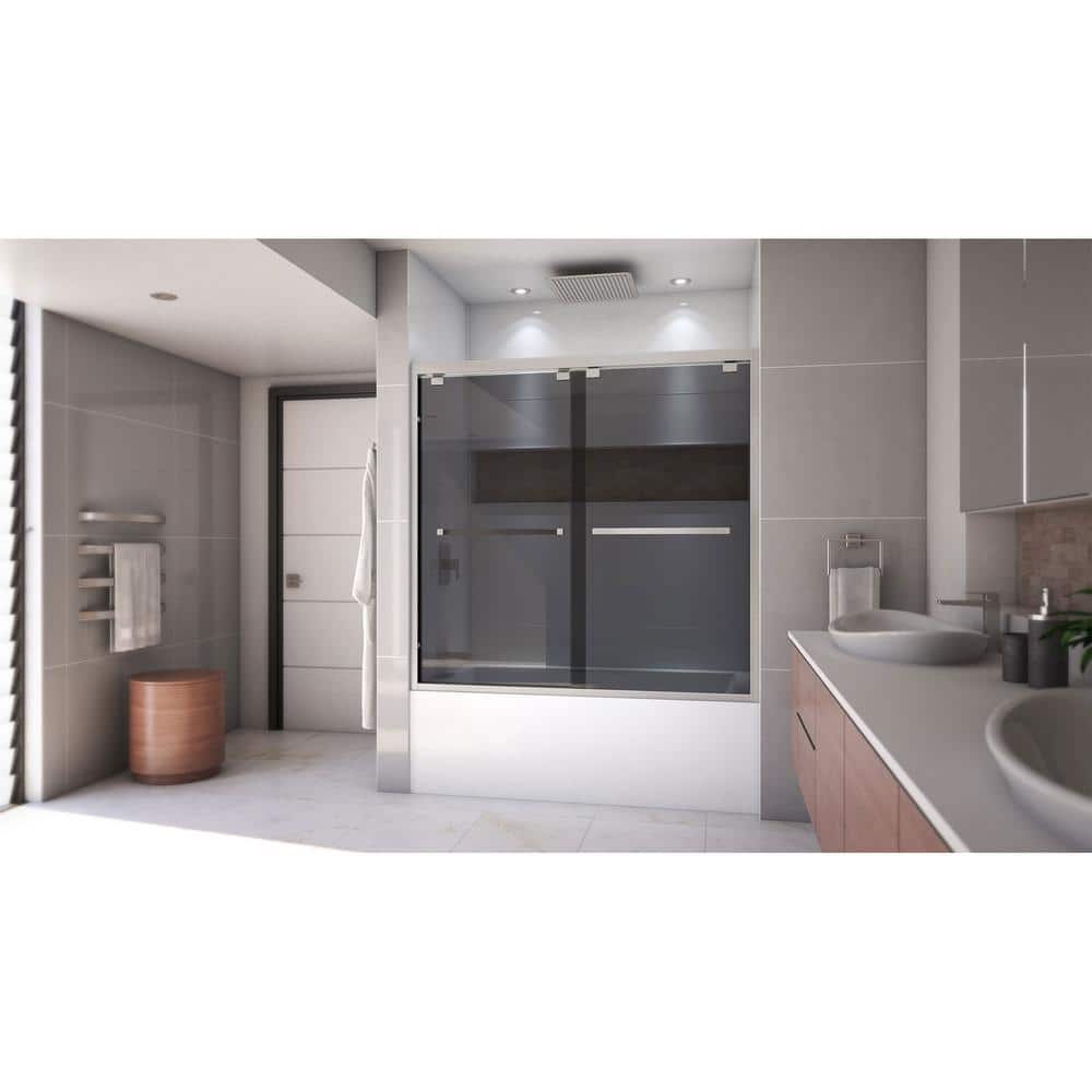 Encore Brushed Nickel Semi-Frameless Sliding Tub Door with Smoke Gray Glass