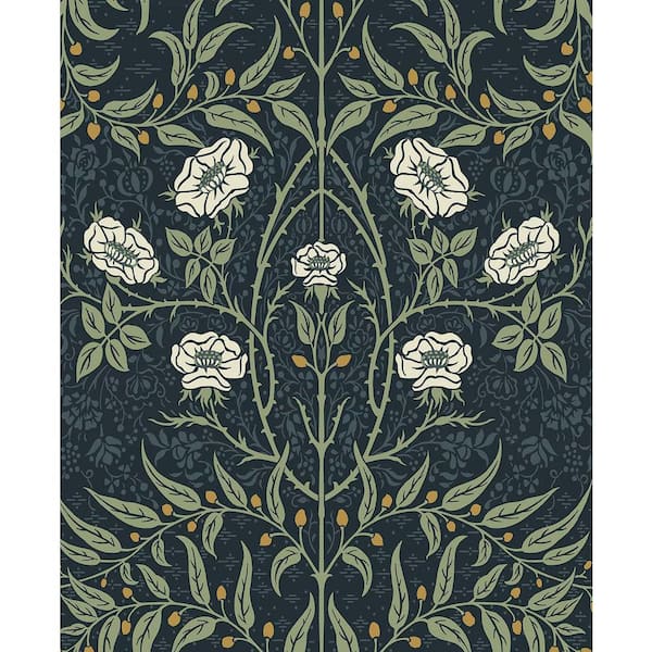 NextWall 30.75 sq. ft. Navy & Sage Stenciled Floral Vinyl Peel and Stick Wallpaper Roll