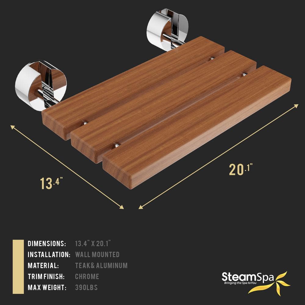 Natural Teak Wood Wall Mounted Folding Shower Bench with Polished Chrome Finish