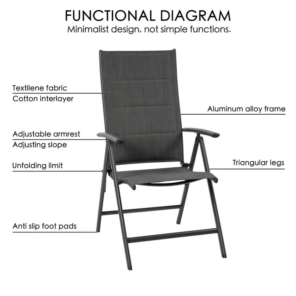 Gray Foldable Padded Aluminum Outdoor Dining Chairs (Set of 2)