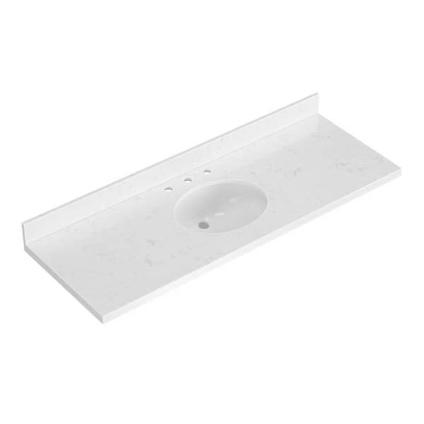 ARIEL 60 in. W x 22 in. D in Carrara White Quartz with 1.5 in Thick Milter Edge with Round Single Sink Vanity Top in White