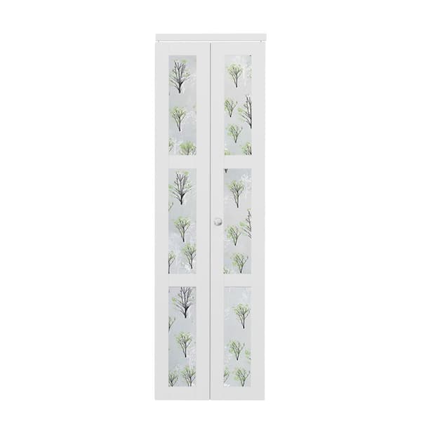 ARK DESIGN 24in. x 80 in. 3-Lite Tempered Frosted Glass Solid Core MDF White Finished Bi-fold Door with Forest Sticker and Hardware