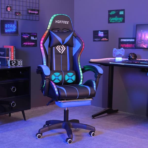 Faux Leather Massage Reclining Ergonomic Gaming Chair in Blue/Black with LED Lights Adjustable Arms