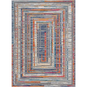 Paloma Merle Light Blue 7 ft. 10 in. x 9 ft. 10 in. Vintage Modern Solid and Striped Area Rug