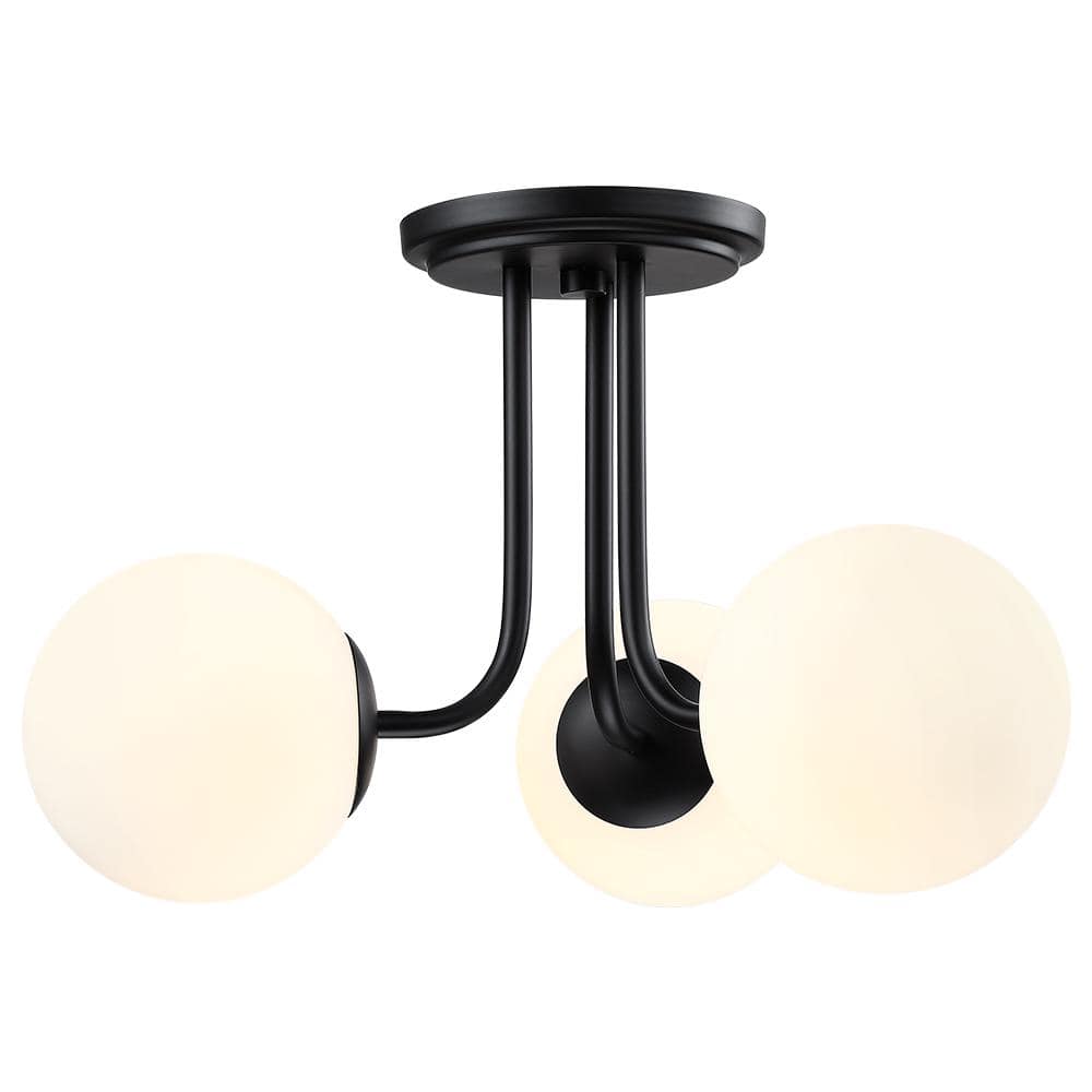 Opal Matte Black and White Glass Globe LED Semi-Flush Mount Light
