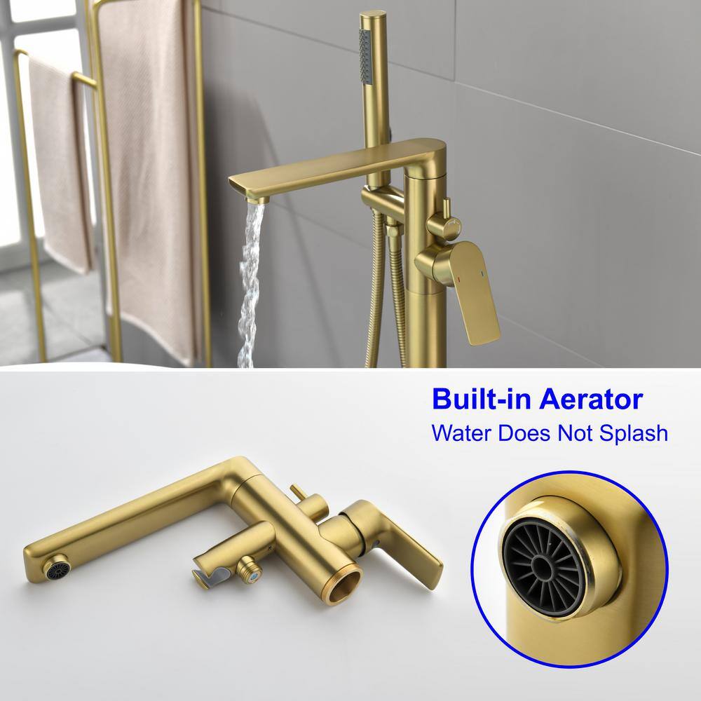 Brushed Gold Freestanding Tub Filler Faucet with Handheld Shower