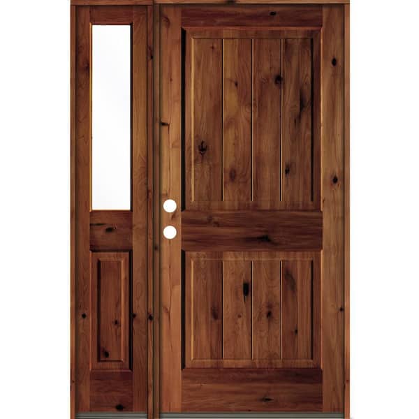 Krosswood Doors 50 in. x 80 in. Rustic Knotty Alder Right-Hand/Inswing Clear Glass Red Chestnut Stain Wood Prehung Front Door w/Sidelite