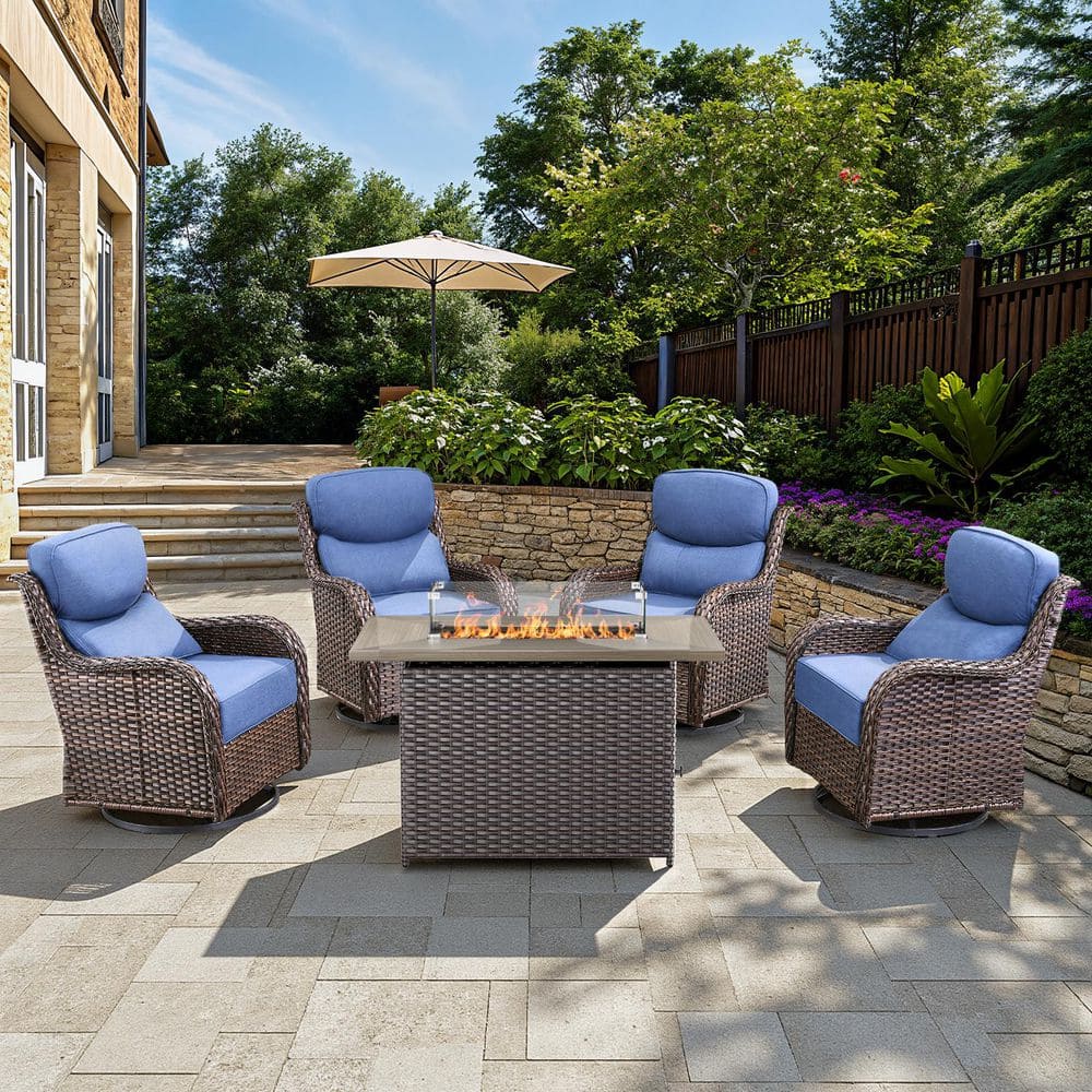 Arcadia Brown 5-Piece Wicker Patio Fire Pit Set, 4-Person Seating Set with Olefin Navy Blue Cushions and Swivel Gliders price history on PriceWatchPro