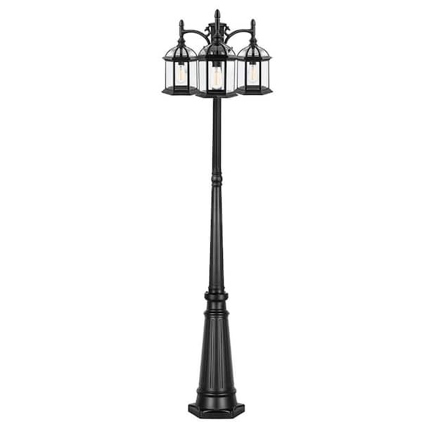 3-Head Aluminum Outdoor Lamp Post Birdcage Design for Garden Patio Walkway Driveway with Clear Glass Panels