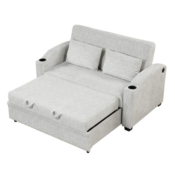61.4 in. Chenille 2-Seat Loveseat in White Gray with Cup Holders and USB Ports