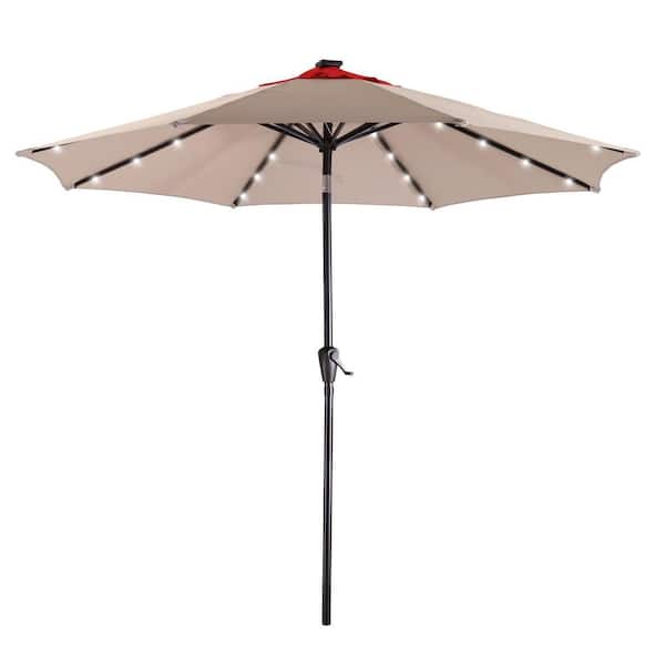 maocao hoom 9 ft. Steel Pole Outdoor Market Push Button Tilt and Crank Patio Umbrella with 32 LED Solar Lights in Taupe & Red