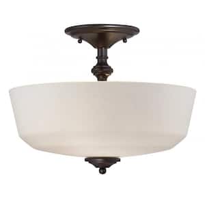 Melrose 14 in. W x 11.5 in. H 2-Light English Bronze Semi-Flush Mount Ceiling Light with White Opal-Etched Glass Shade