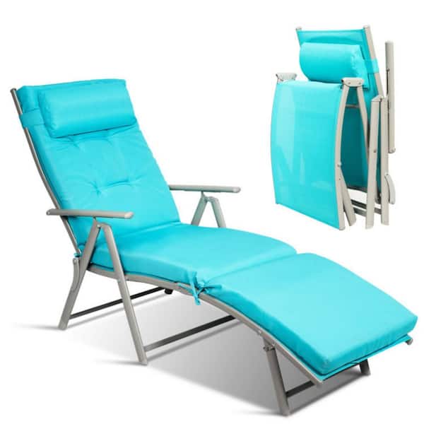 Clihome Metal Outdoor Lightweight Folding Chaise Lounge Chair with Blue Cushions