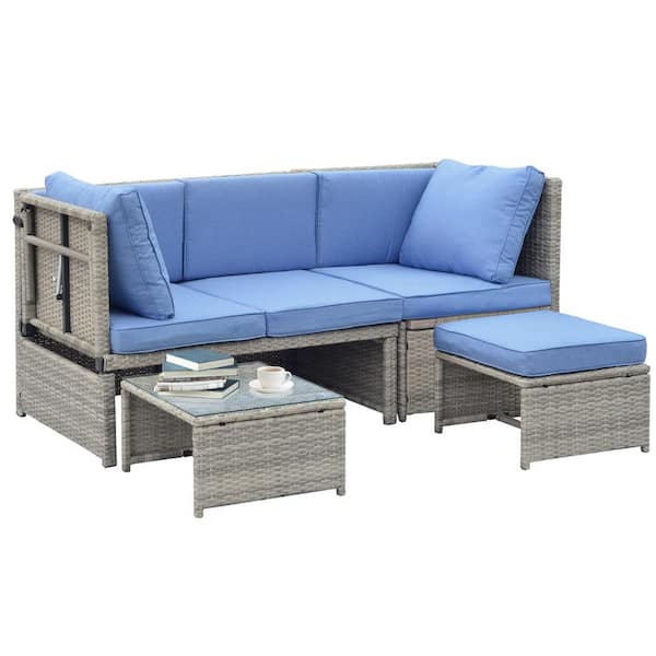 Sudzendf 4-Piece Wicker Patio Conversation Set with Blue Cushions, with Glass Top Coffee Table