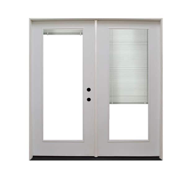 Steves & Sons 60 in. x 80 in. Reliant Series White Primed Fiberglass Prehung Left-Hand Inswing Mini Blind Patio Door