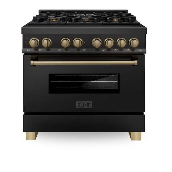 Autograph Edition 36 in. 6 Burner Dual Fuel Range in Black Stainless Steel and Champagne Bronze