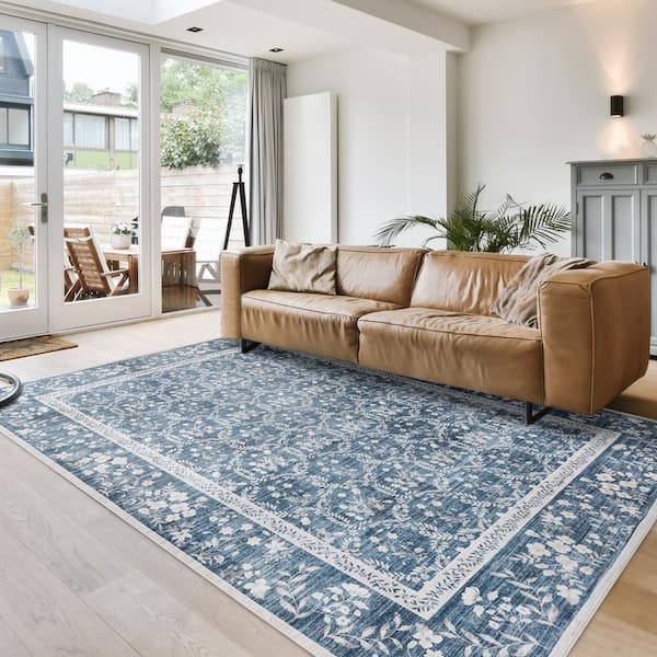 Crystal Print Vela Navy/Ivory 9 ft. x 13 ft. Floral Digitally Printed Polyester Area Rug