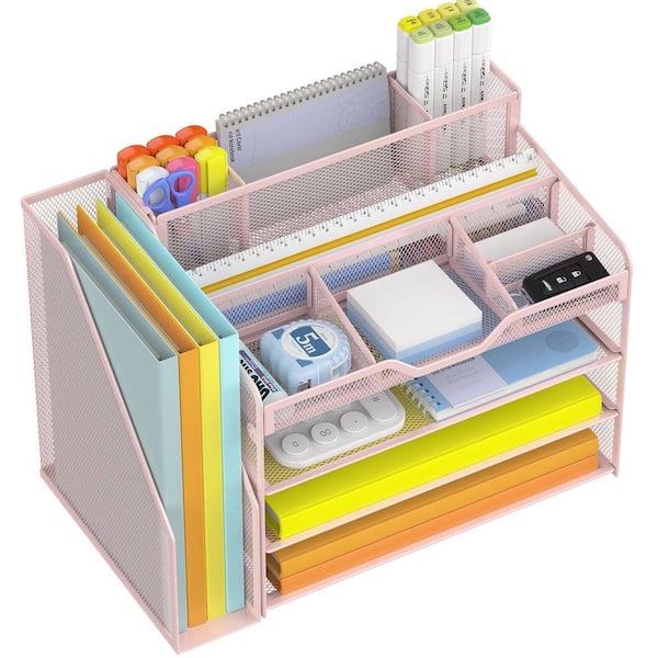 Pink Desk Rack 10.9 in x 15.5 in 4 Tier Paper Letter Tray with File Holder, Desk ...