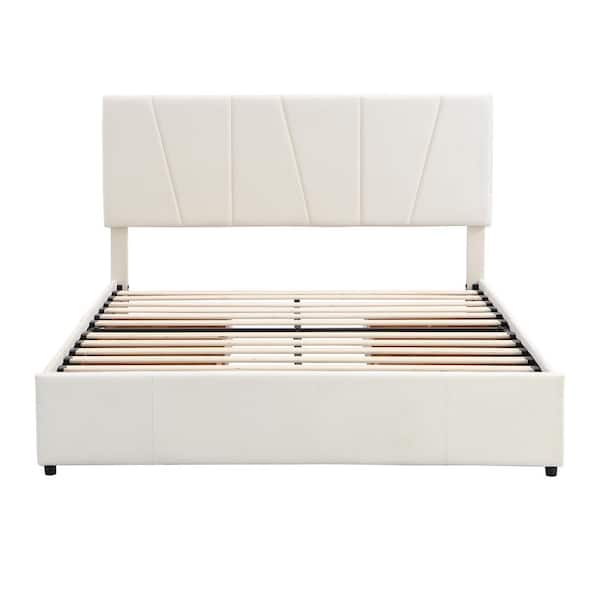 Polibi Beige Frame Queen Size Upholstery Platform Bed with 4 Drawers on 2 Sides Adjustable Headboard