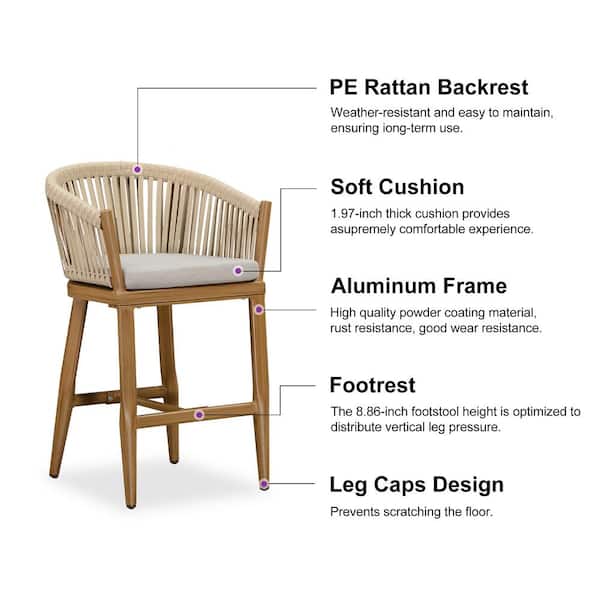 Modern Aluminum Rattan Counter Height Outdoor Bar Stool with Back and Beige Cushion (2-Pack)