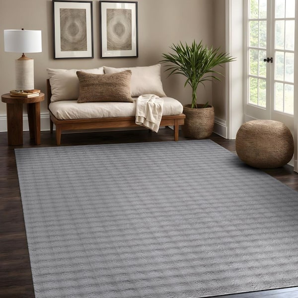 Aurora 5 ft. x 7 ft. Grey Non-Slip Rubber Back Washable Polyester Checker Indoor Area Rug