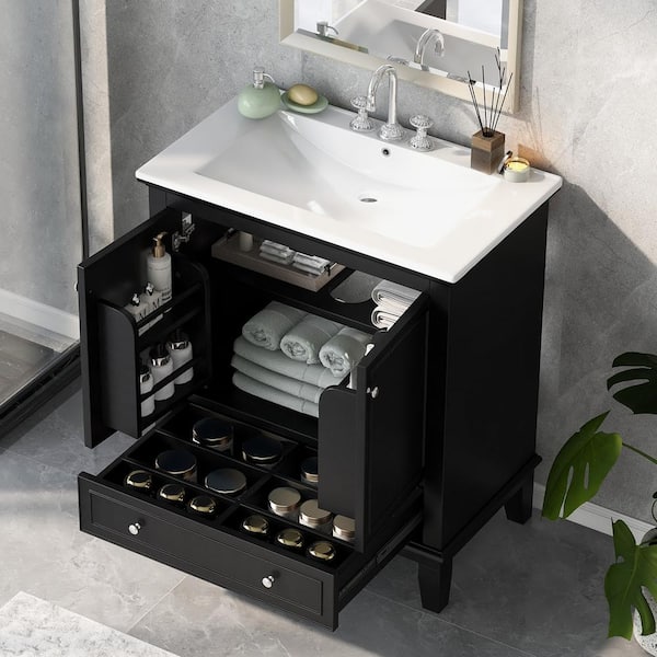Unbranded 30 in. W x 18 in. D x 34 in. H Freestanding Bath Vanity in Black with White Ceramic Top
