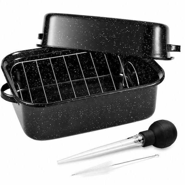 6.4 qt. Carbon Steel Roasting Pan with V-Rack, Versatile Lid and Bone Turkey Baster, Large Roaster Pan for Baking Turkey