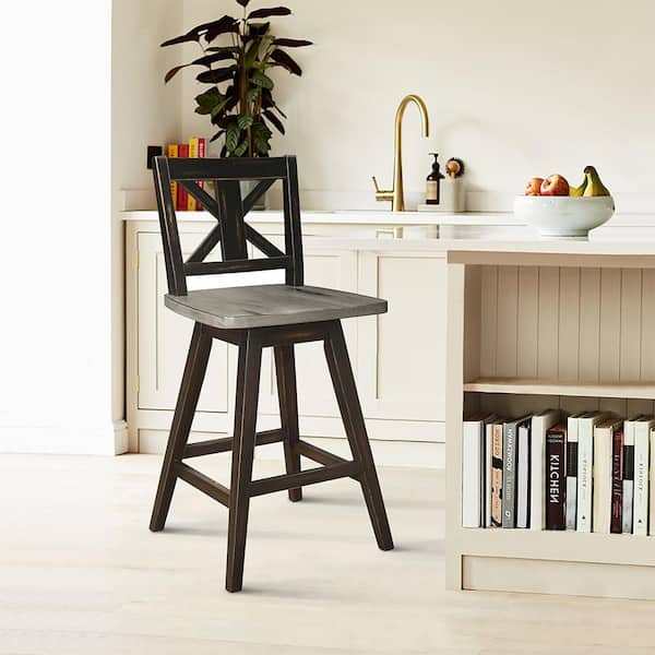 Fenton 23 in. Distressed Gray and Black Wood Swivel Counter Height Chair (X-Back) with Wood Seat (Set of 2)