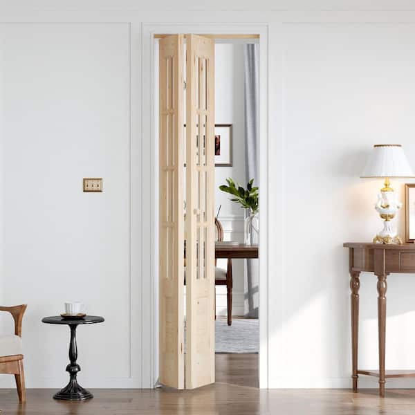 24 in. x 80 in. 3/4 Lite Preassembled Clear Glass Solid Core Wood Spruce Bi-Fold French Door with Hardware