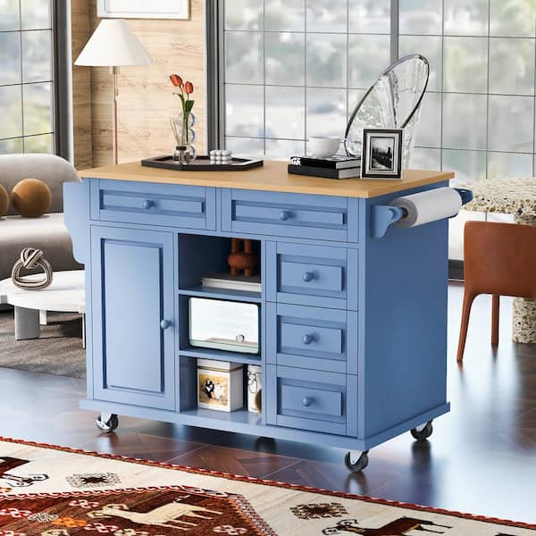 Zeus & Ruta Blue Wood 53 in. Rolling Kitchen Island with Storage and 5-Drawers