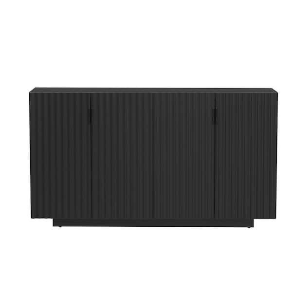 Unbranded 59.8 in. W x 15.7 in. D x 33.4 in. H Black Wood Linen Cabinet with Wavy Doors, Adjustable Shelves, Retro Copper Handles